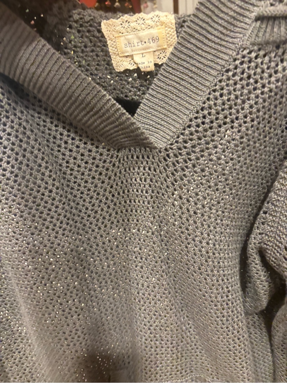 Shirt•469 Light Gray V-Neck Open-Knit Sweater with Sparkle